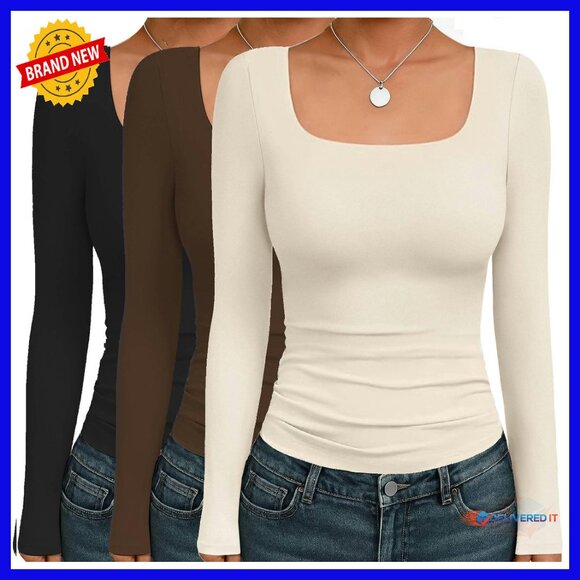 Long Sleeve Square Neck Thermal Tops 3-Pack Fitted Tee XS-XXL